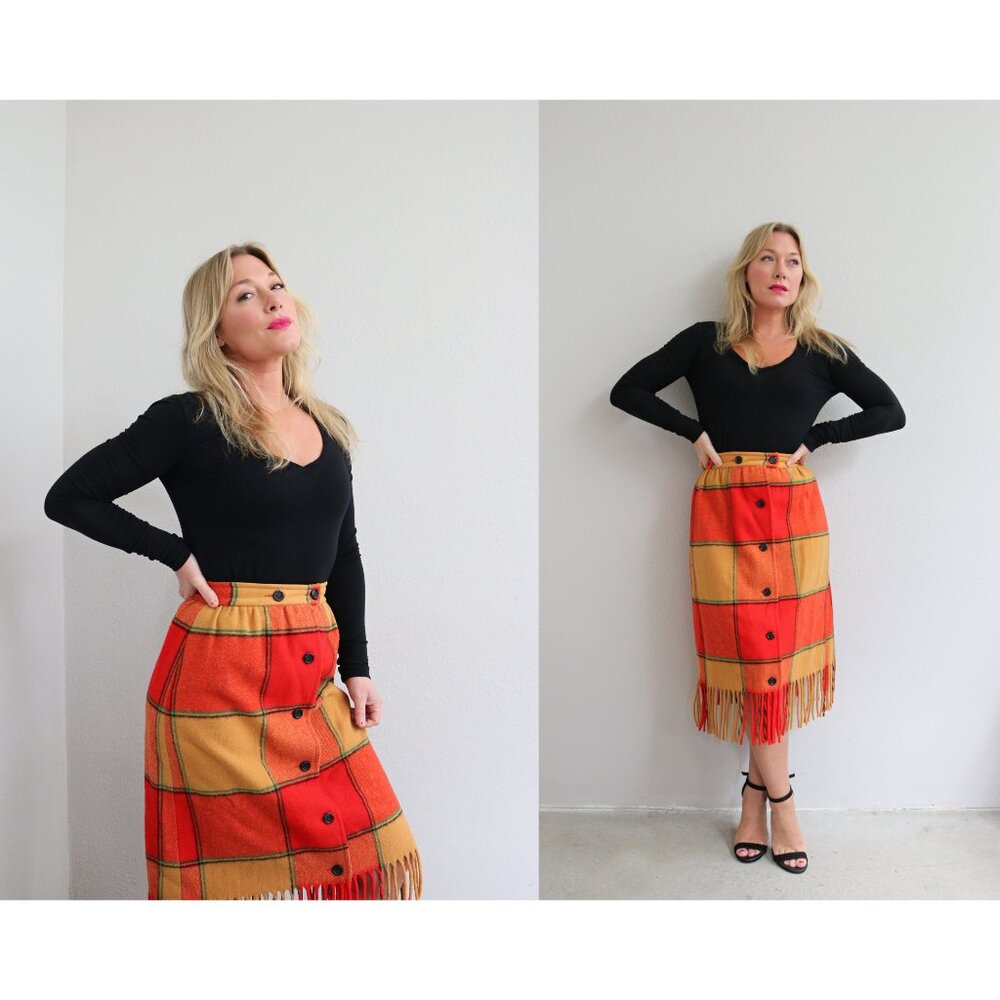 1970s Vintage Pendleton Wool & Plaid Fringe Skirt ~ Women's Extra Small XS SM